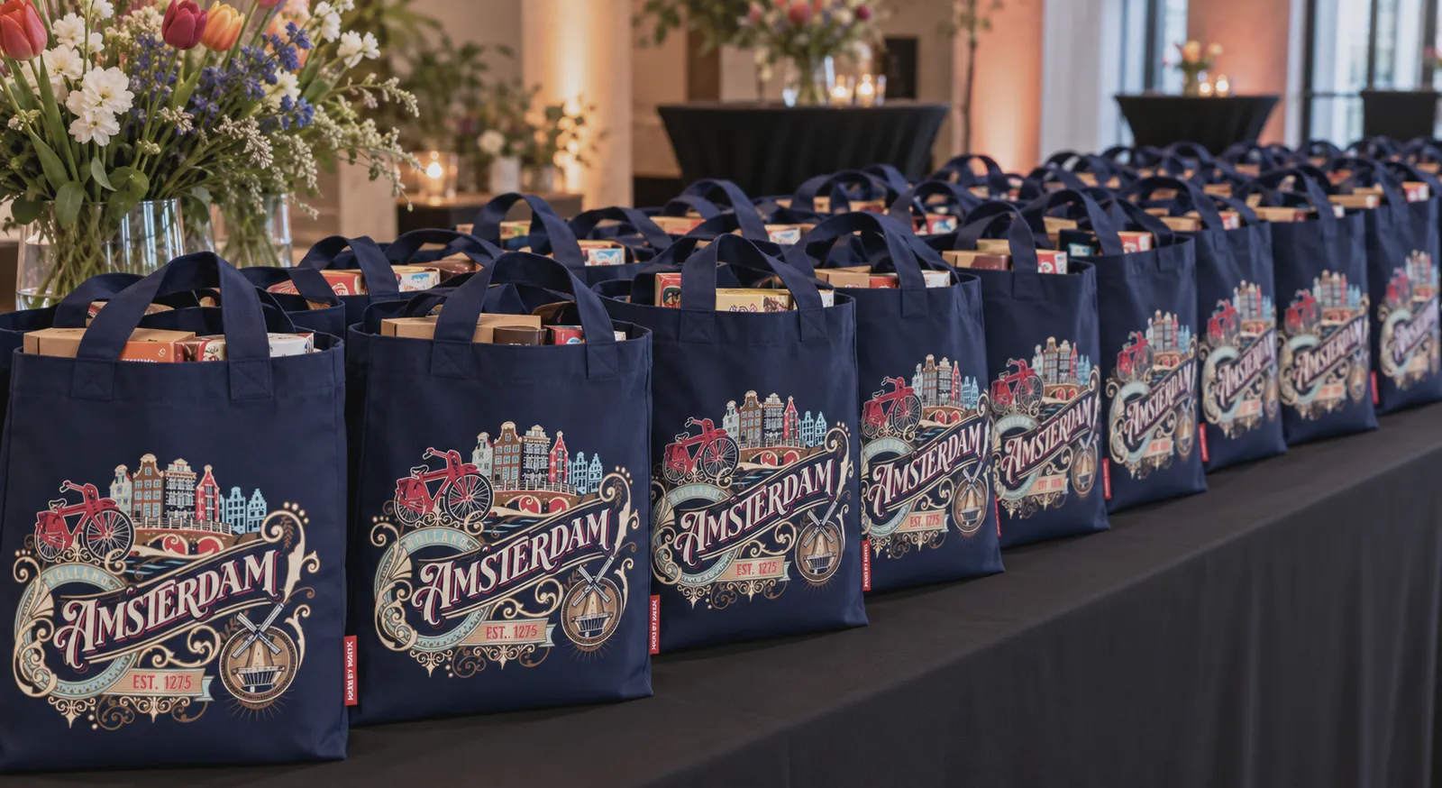 Impressie: een rij gevulde cadeautassen op een ontvangsttafel bij een event